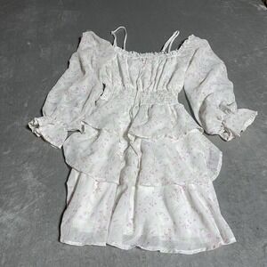 Rue 21 Dress Womens XXS White Pink Floral Tiered Cold Shoulder Smocked Cottage